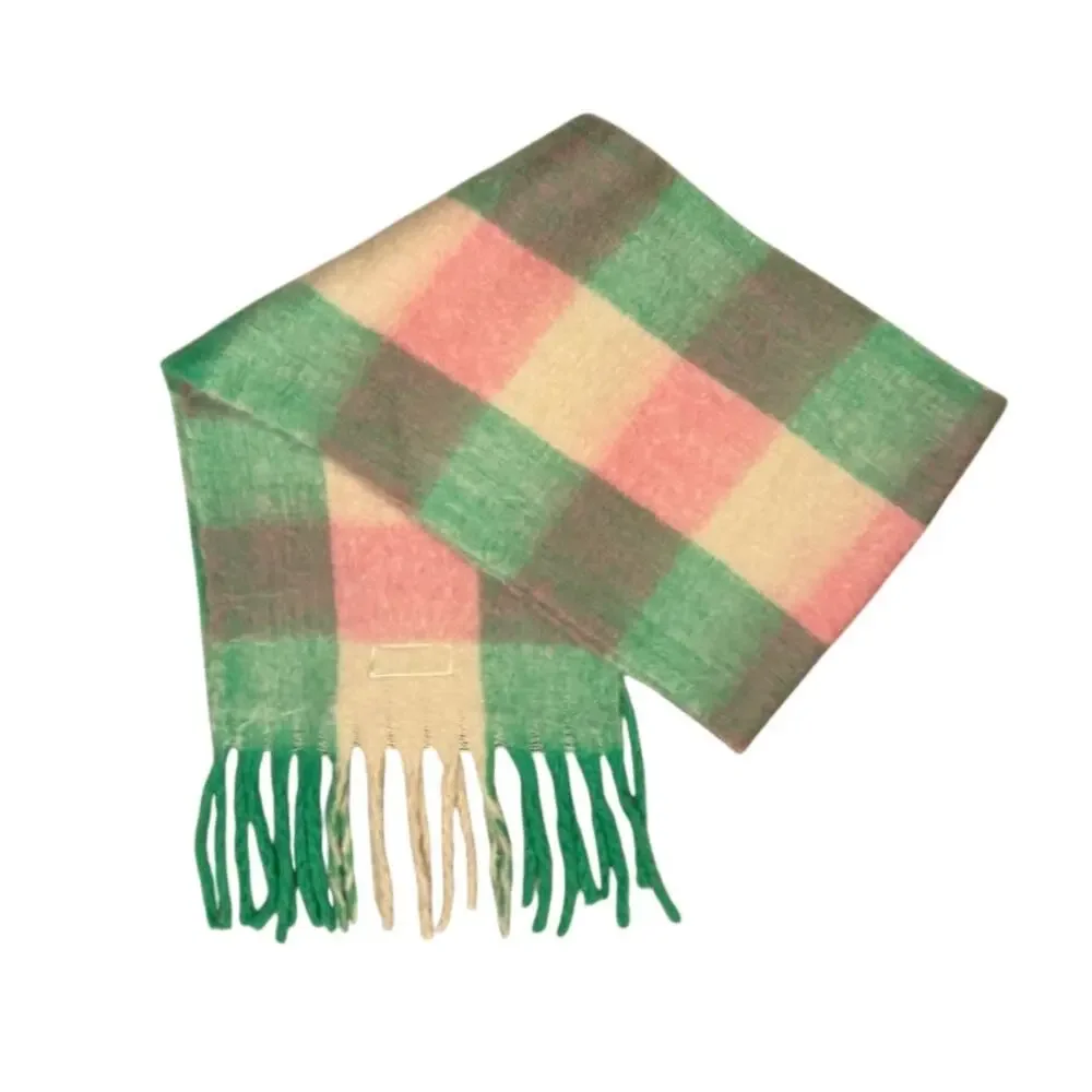 Bloomingdale’s Holiday Plaid Scarf Pastel Pink Green Check Fringe NWT
